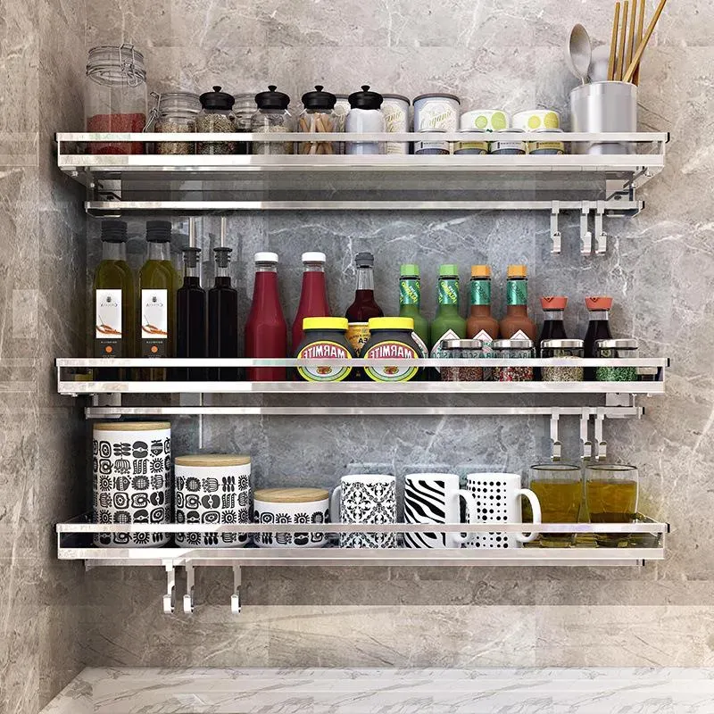 Organizacja półki kuchenne stal nierdzewna stalowa pamięć do przechowywania multi funkcjonalne punchfree Wallmounmed Kitchen Shelf Rack Organizer Rack LL