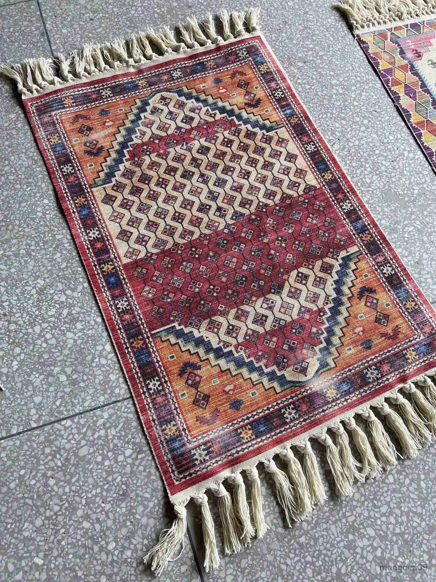 Tapetes estilo americano retrô tapete persa estilo nacional tapete tecido à mão com borla de algodão tapete de cânhamo R230720