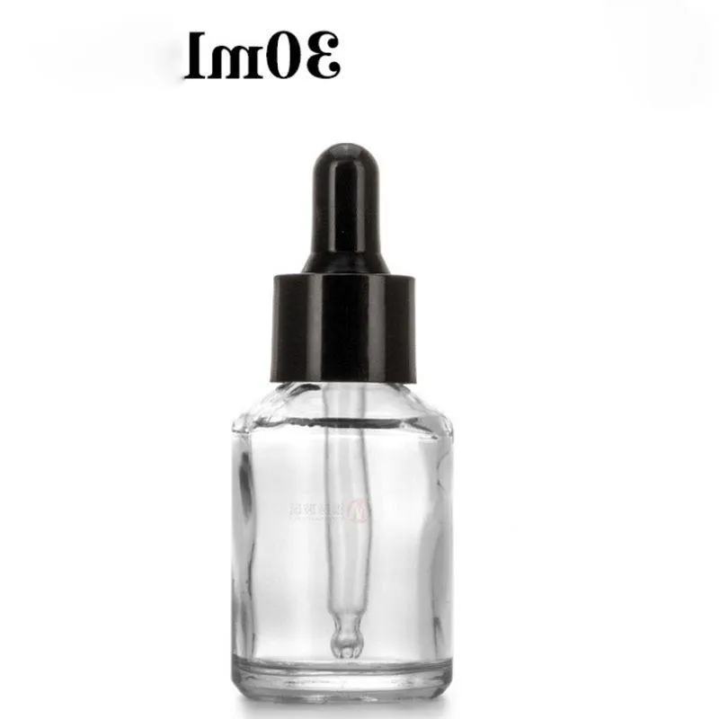 Empty Clear Amber Blue Glass Dropper Bottle 30ml Essential Oil Dropper Vial E liquid Cosmetics Refillable Bottles With Black Lid Airxi