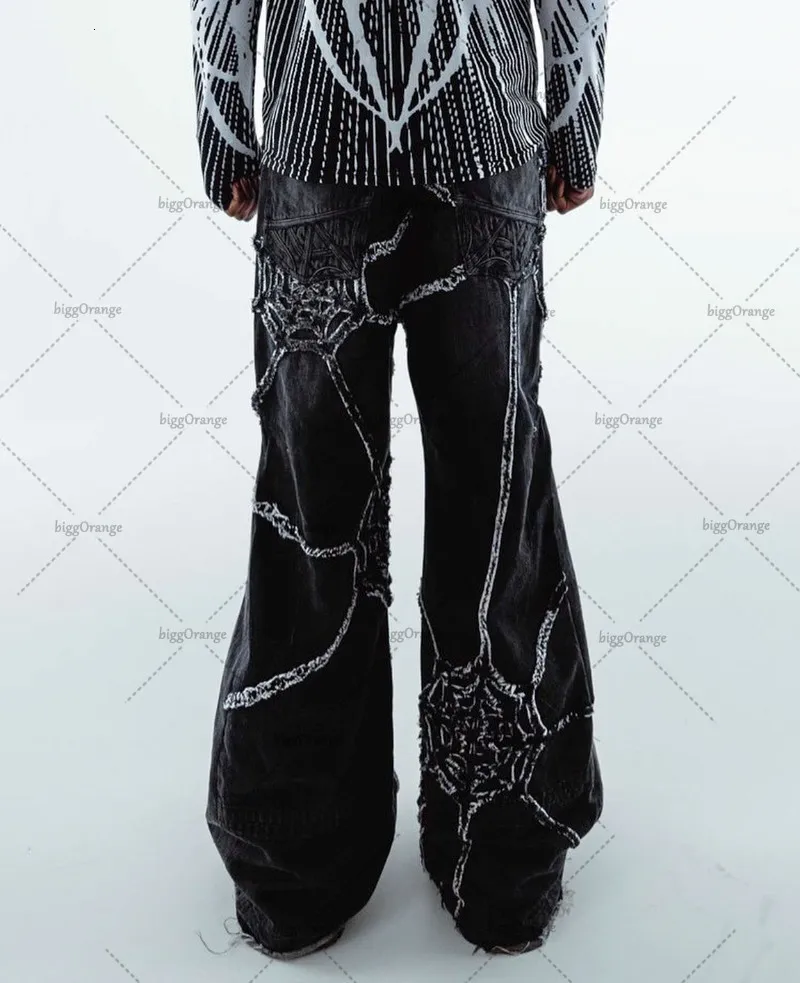 Męskie dżinsy amerykańskie modne umyte pająki w paski w paski w paski szerokopasmowe Mężczyźni Y2K Gothic Rock Loose Los o wysokiej nogawce, proste nogawki 230719