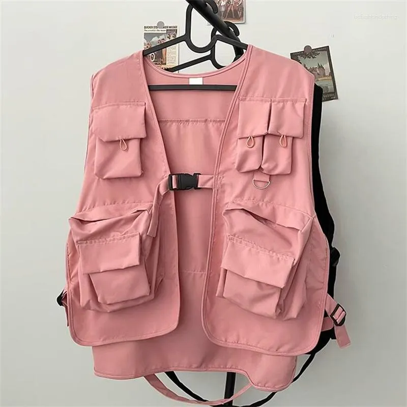 Mäns västar 2023 Multi-Pockets Techwear Pink Cargo Vest Men Kvinnor utomhus Taktisk hiphop ärmlös jacka japansk väst