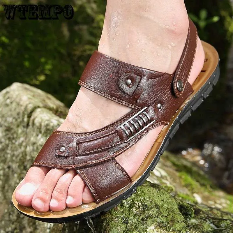 Sandaler Top Layer Cowhide Dual-använd sommarskor äkta läder andningsbara strandskor casual herr sandaler l230720
