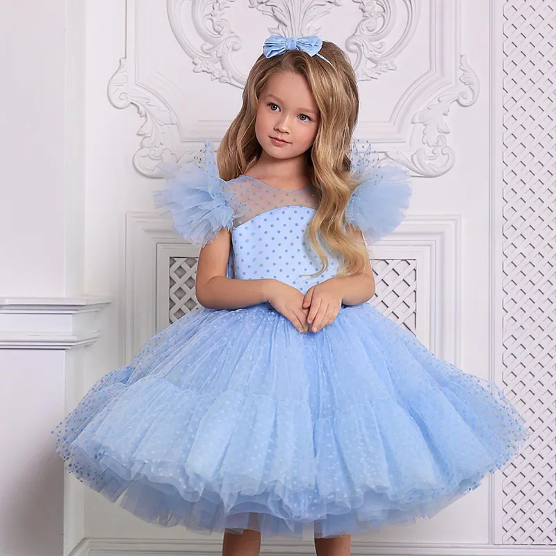 4-10T Kids Girls Elegant Dress for Evening Party Little Girl Dots Tulle Princess Gown Children Clothing Blue Wedding Vestidos