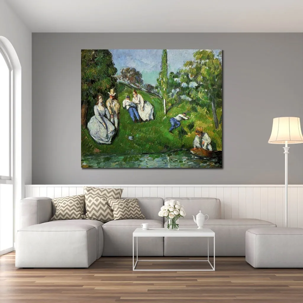 Abstract Canvas Art Couples Relaxing by A Pond 1875 Paul Cezanne Painting Handmade Modern Decor for Kitchen