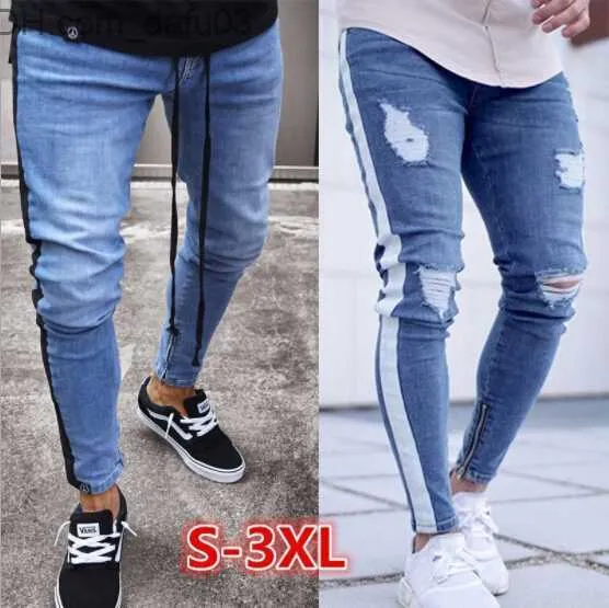 Jeans da uomo Jeans strappati alla moda Cerniera a gamba Biker a righe Pantaloni a matita denim Pantaloni lunghi da uomo Pantaloni Slim Jeans streetwear strappati Pantaloni da uomo Z230720