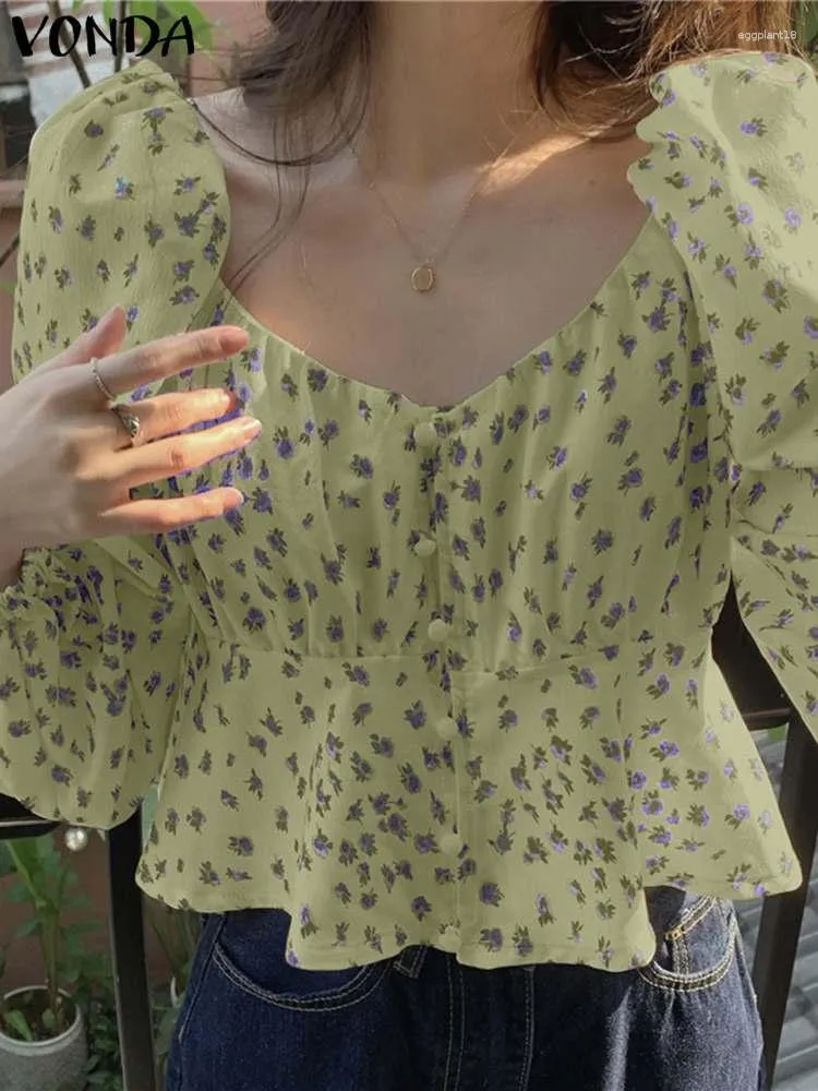 Женские блузки богемские женщины с напечатанными блузой летние топы Vonda 2023 Sexy V Nece Элегантная модная рубашка с длинным рукавом Puffgy Blusas