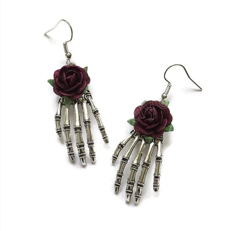 Mode crâne main boucles d'oreilles femmes mode créatif gothique alliage rouge Rose fleurs boucles d'oreilles Halloween fête bijoux cadeaux