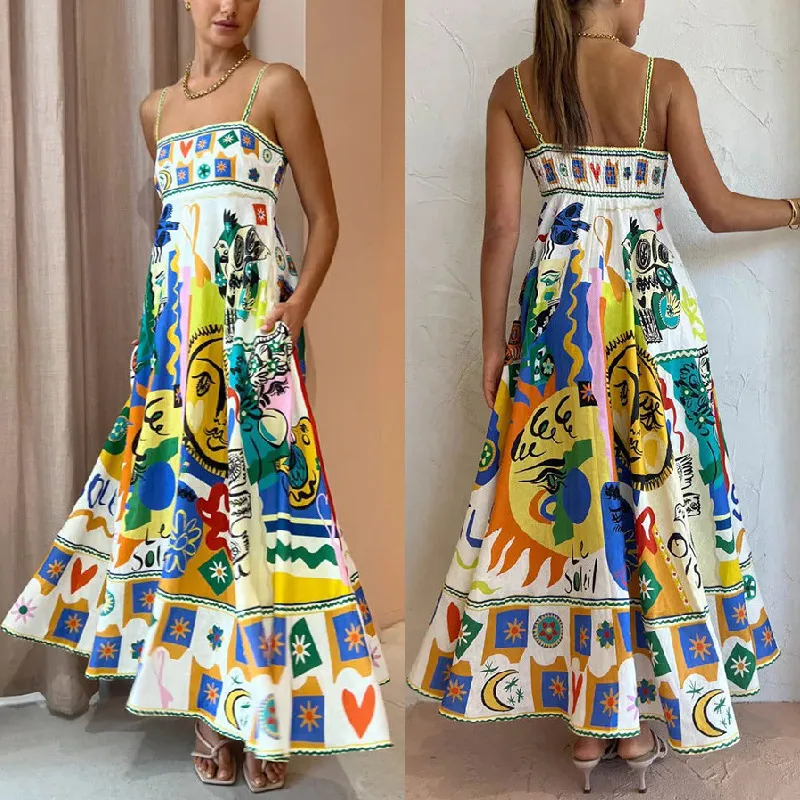 2023 Australian Designer Fancy Damen Langes Kleid, abstraktes Muster, geraffte Taille, ärmellos