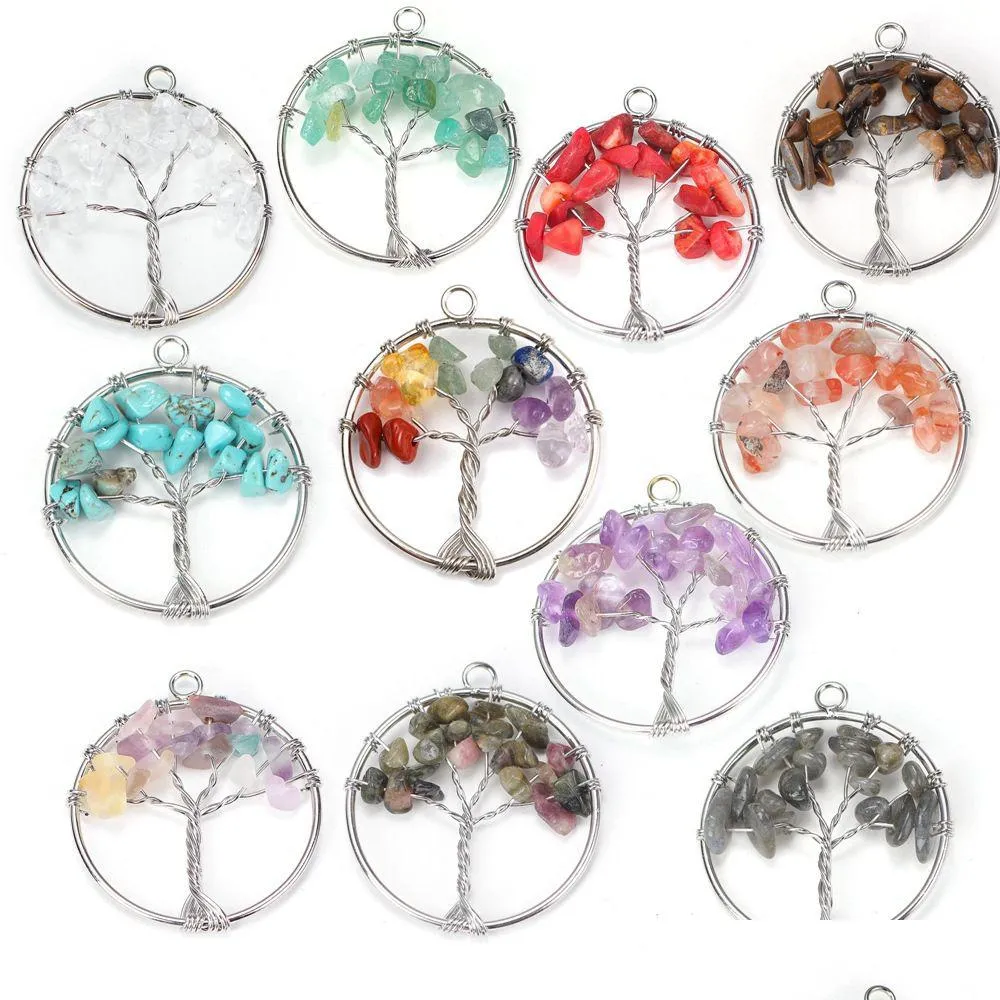 Encantos 100 Unids Envoltura de Alambre Natural Árbol de la Vida Curación Chip Piedra Cristal Colgante 7 Chakra Collar Mujeres Hombres Joyería Gota Del Dhgarden Dhjul