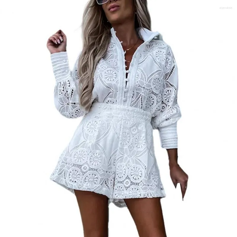 Dames Trainingspakken Zomer Shorts Sets Dame Opstaande Kraag Lange Mouw Hoge Taille Vrouwen Outfit Borduren Holle Kanten Shirt Wijde Pijpen Set