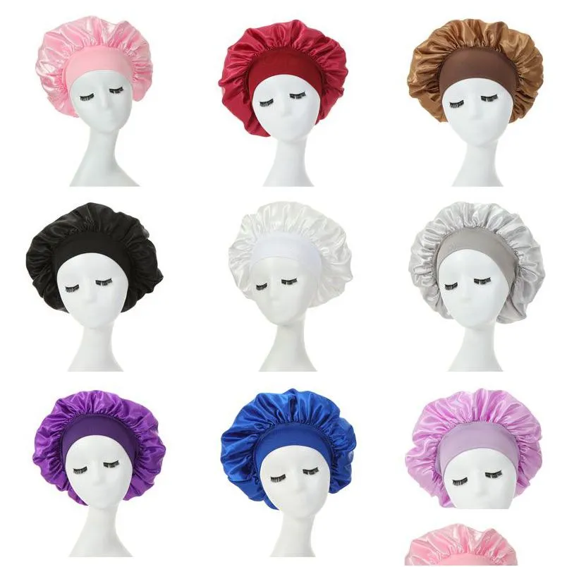 Gorro/Bonés de Caveira Cor Sólida Cetim Banda Larga Elástico Chapéu Noturno Feminino Acessórios para Dormir Touca Cuidados com o Cabelo Acessórios de Moda Drop Deliv Dhyg2