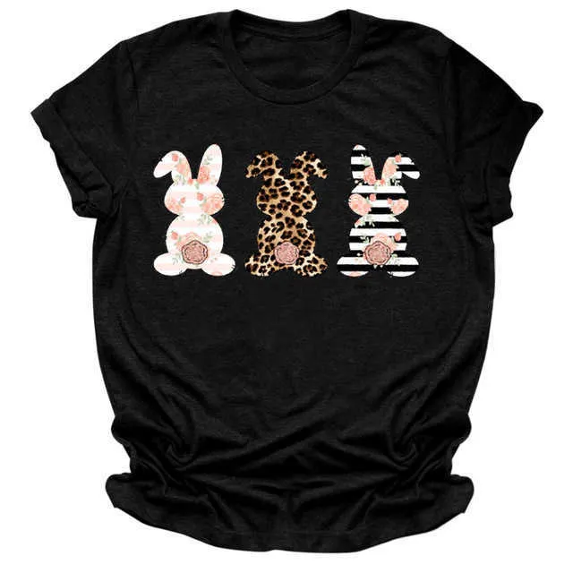 2021 New Easter Cute Rabbit Flower Leopard Print Short Sleeve T-shirt Fashion Top Casual Men and Women