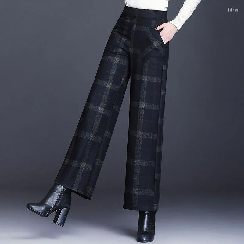 Pantaloni da donna autunno inverno lana scozzese addensato moda donna gamba larga vita alta pantaloni casual da ufficio larghi da donna
