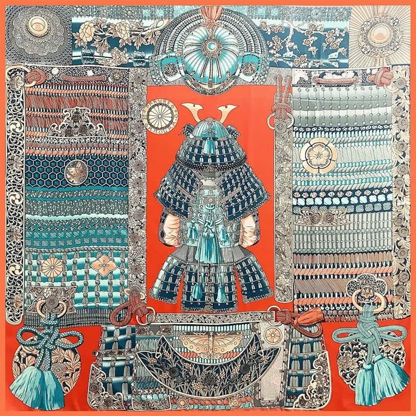 Nowy jedwabny szalik Twill Kobiety duże szalę Square Square Scalves Kobieta Faulard Hidżab Japoński Warrior Printing Head Wrap 130 257T