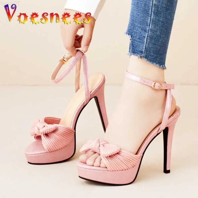 Sandalen Mädchen Sommer High Heels Wasserdichte Plattform 12CM Dünne Ferse Frauen Schuhe Rosa Fee Stil Bogen-knoten Sandalen satin Vamp Party Pumpen L230720