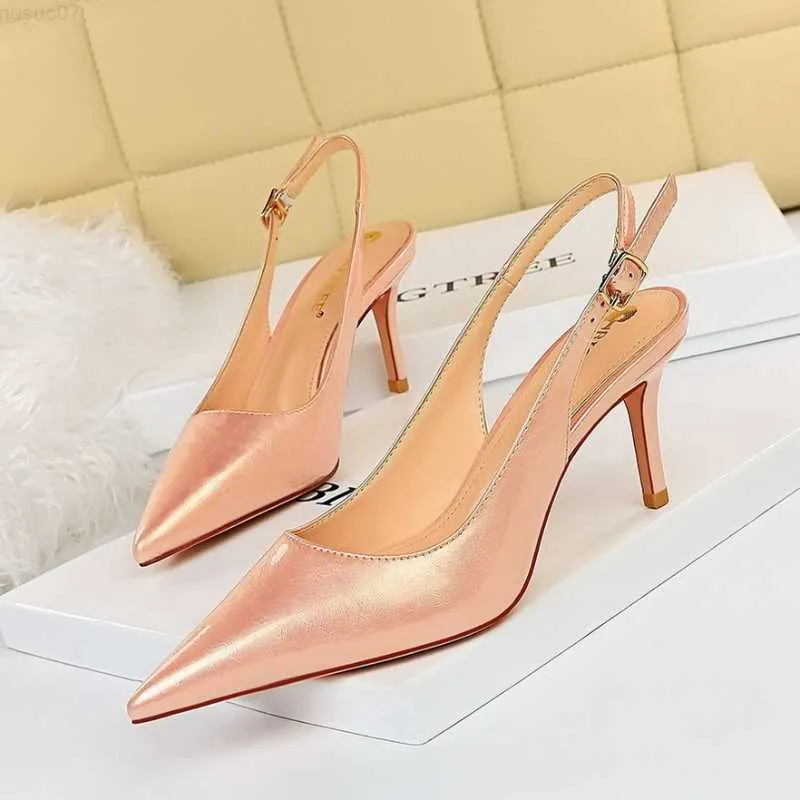 Sandálias 2023 Mulheres 7cm 9,5cm Salto Alto Sandálias Amarelas Lady Couro Brilhante Stripper Slingback Sandálias Salto Baixo Sapatos de Baile de Noiva para Casamento L230720