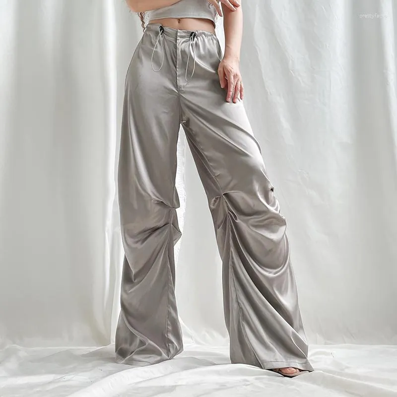 Calça feminina moda cetim perna larga com cordão moletom jogging 2023 verão cintura baixa calça elegante streetwear