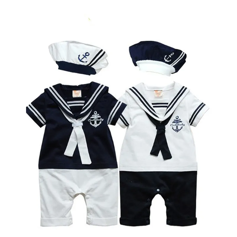 Rompers Baby Navy Romper Summer Born Kids Boys Girls Sailor Jumpsuit Hat 2st Body Short Sleeve Anchor Printed Suit 230720