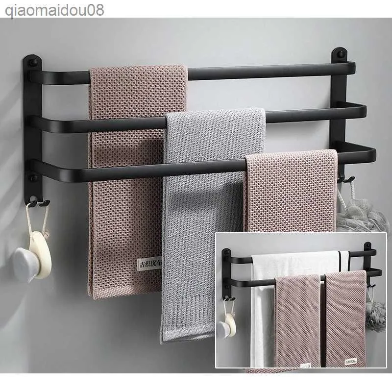 Bathroom Towel Hanger Black and White Brief Aluminum Rack with Hook Multiple Layer Wall Mounted Punch Holder Room Holder L230704