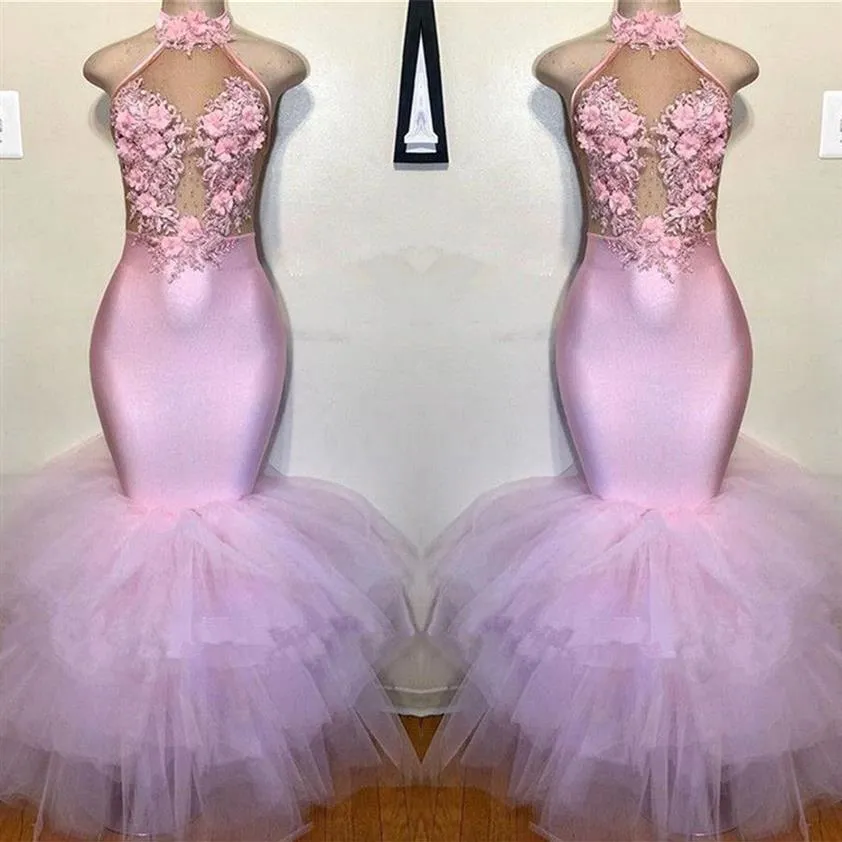 Vestidos de Baile Sereia Rosa Blush 2020 Halter 3D Flores Apliques de Renda Vestidos de Noite Plus Size Vestido de Festa Formal Africano BC39862276