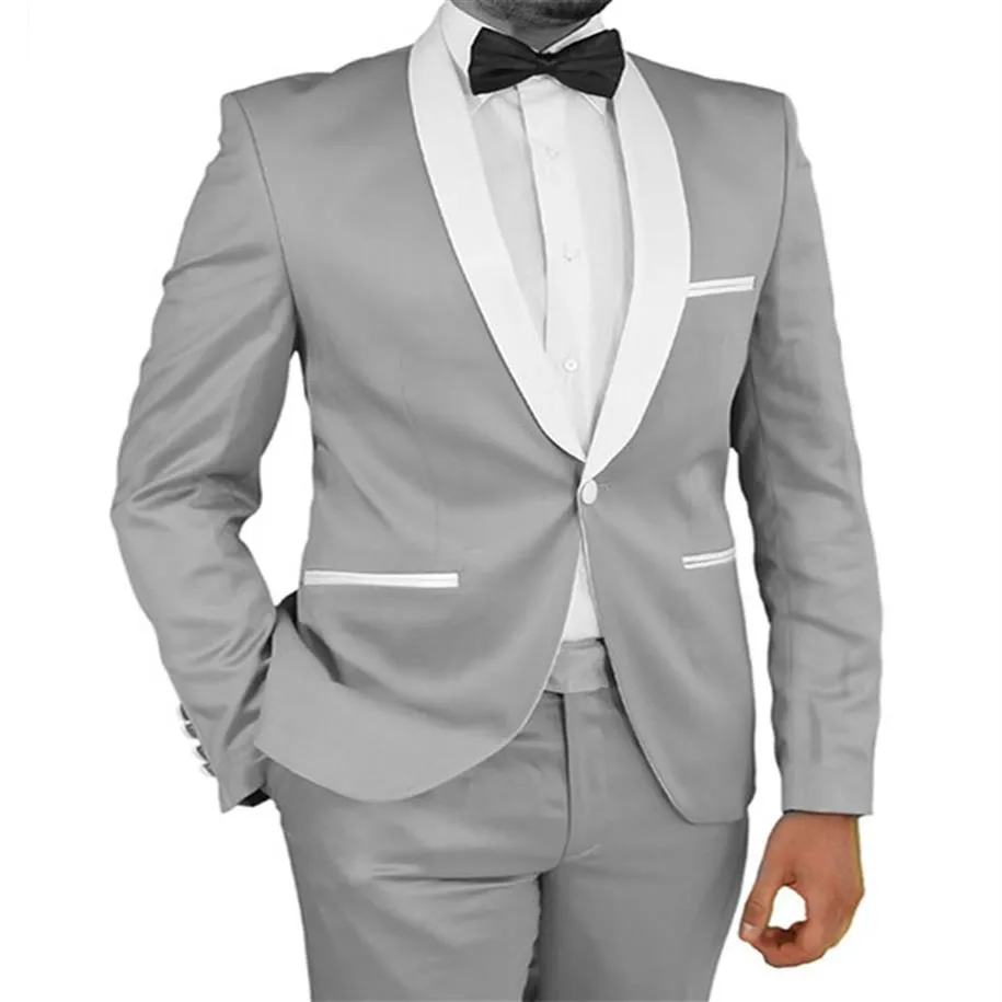 Garçons d'honneur marié Tuxedos gris argent nouveauté châle blanc revers hommes costumes mariage homme marié 2 pièces veste pantalon 280f