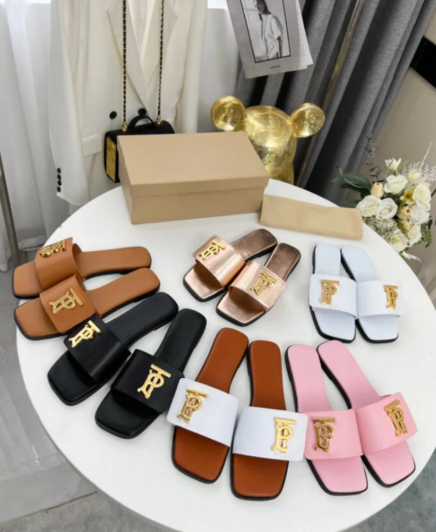 Fashion Women's Leather Sandals Designer Slippers Flat Bottom Brown Black Shoes Beach Party Indoor Summer Box Size 35-43