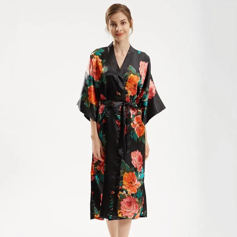 Vêtements de nuit pour femmes Kimono ample Robe de bain grande taille Robe en satin imprimé fleur femmes peignoir vêtements de nuit Sexy longue rayonne chemise de nuit