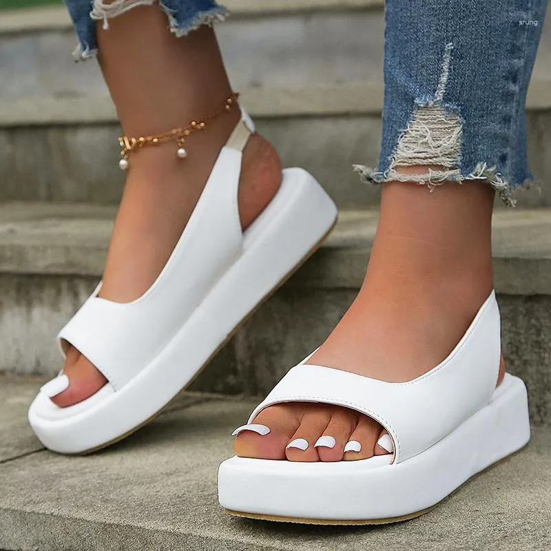 Sandales blanc en cuir PU plate-forme femmes décontracté sangle arrière plat femme été bout ouvert antidérapant chaussures de plage grande taille