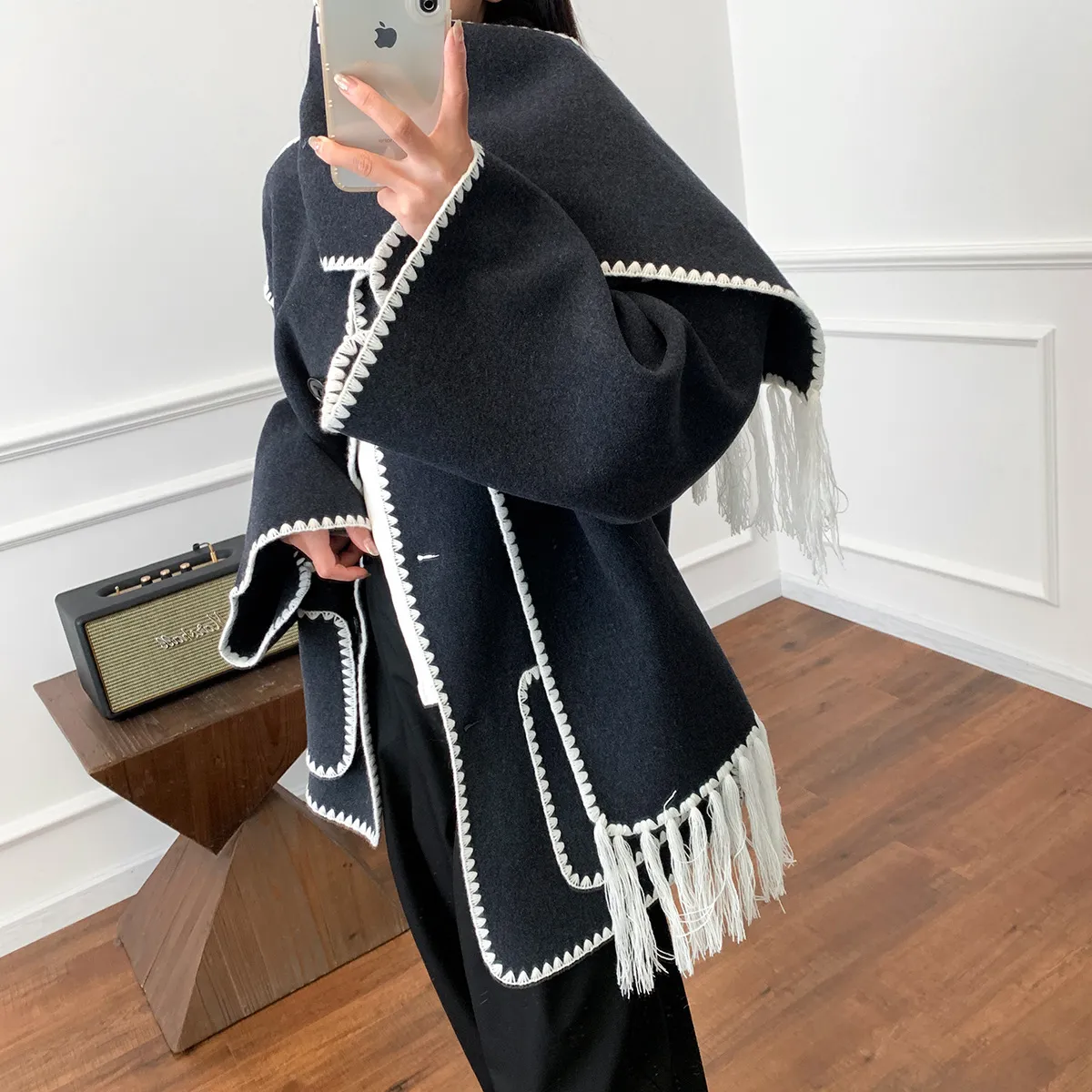 Women s Jackets toteme fringed scarf collar knit hook edge loose wool woolen knitted coat