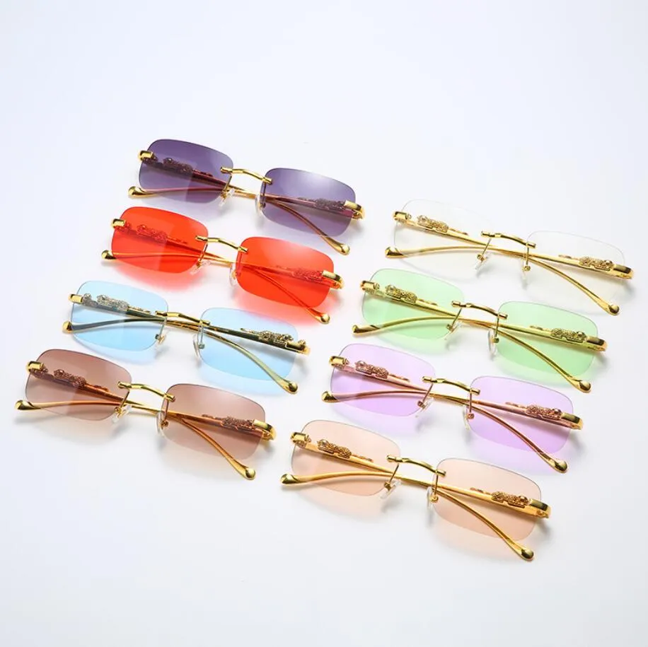 Rimless прямоугольник винтажные солнцезащитные очки металлические модные модные очки леопарда