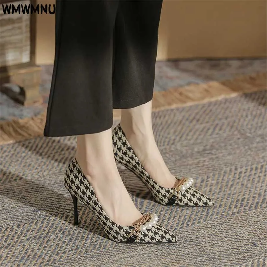 Sandals String Bead Houndstooth Office Women Pumps 7cm 9cm High Heels Shallow Pointed Toe Non-slip Tacones Elegant Korean Party Shoes L230720