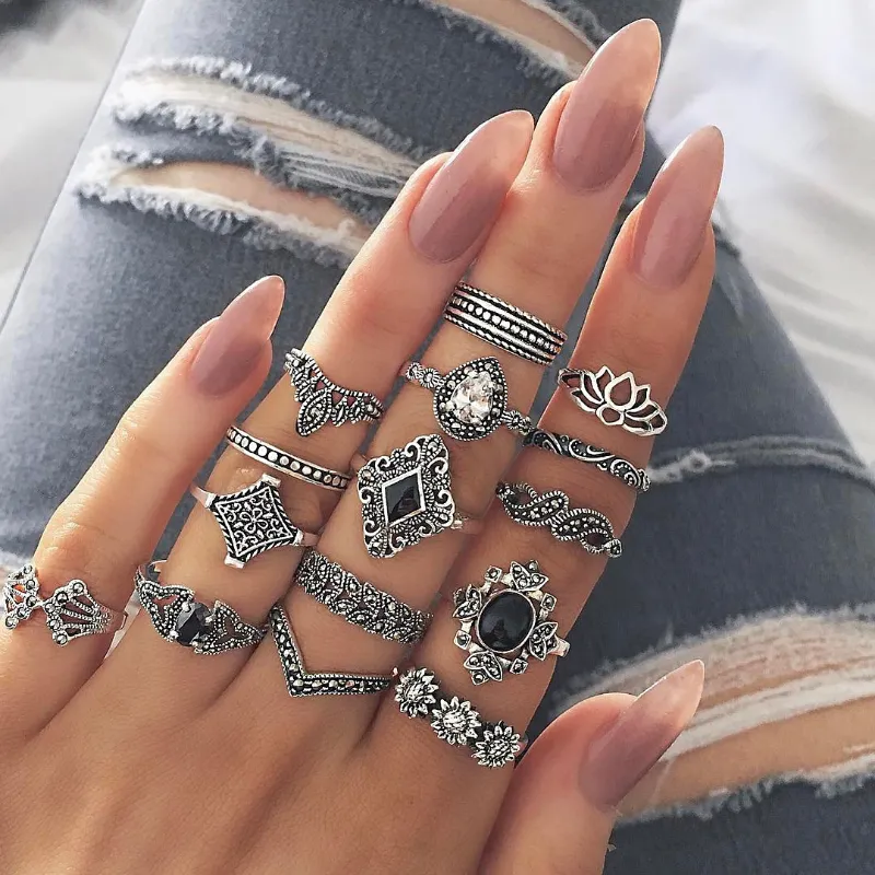 Bohemian Antique Lotus Women 15-PCE Set Ring Creative Rostless Steel Rings for Women Jewelry Accessories Party Anniversary Gift