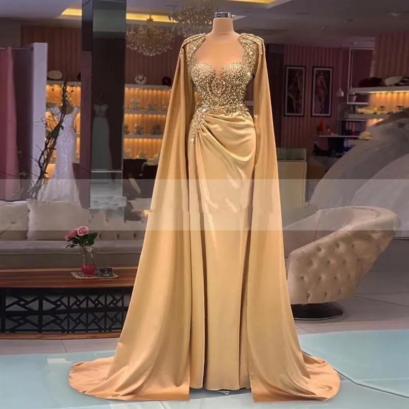 Luxury Gold Formal Evening Dresses With Cape Crystal Beaded Long Sleeves Ruched Satin Robe de mariee Mermaid Prom Party Gowns Cust196L