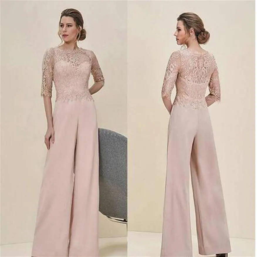 Elegante pizzo due pezzi madre della sposa pantaloni tuta collo trasparente maniche illusione posteriore cava promenade tuta abiti da sera plus si327c