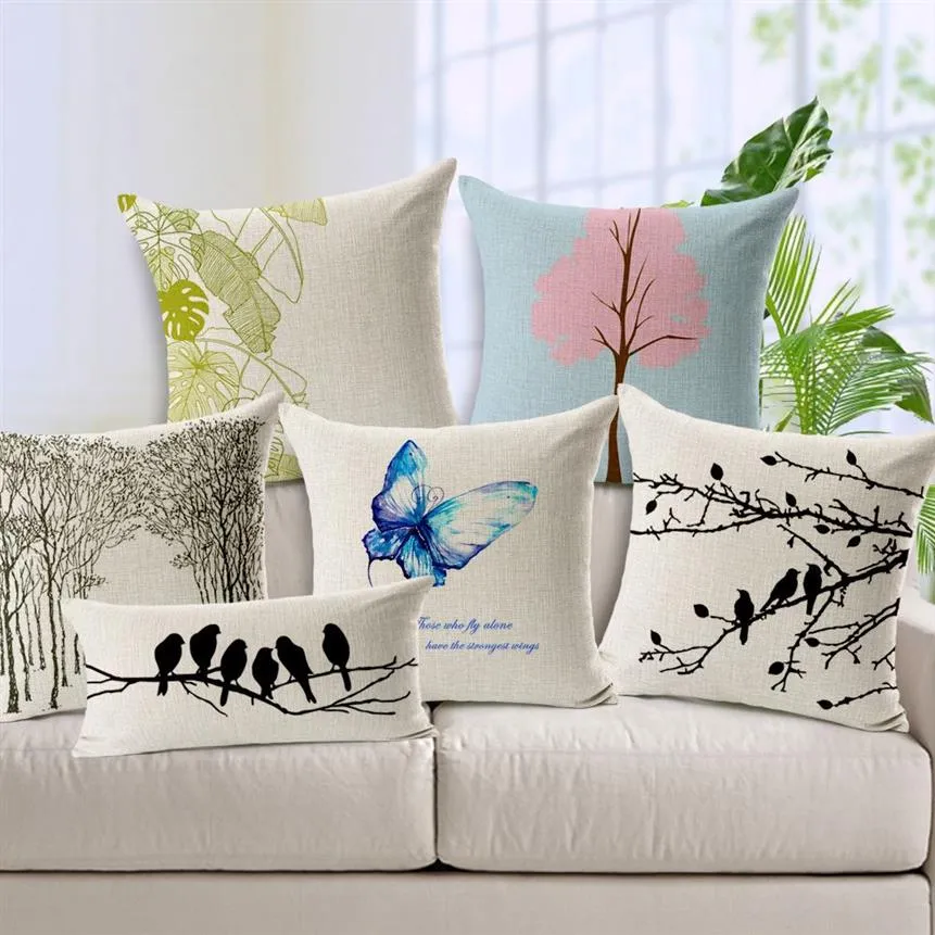 Fancy Cushion Cover Modern Minimalist Blue Butterfly Pink Tree Cushion Pillow Cover Home Decoration Sofa Green Leaf Pillow Case Li2352