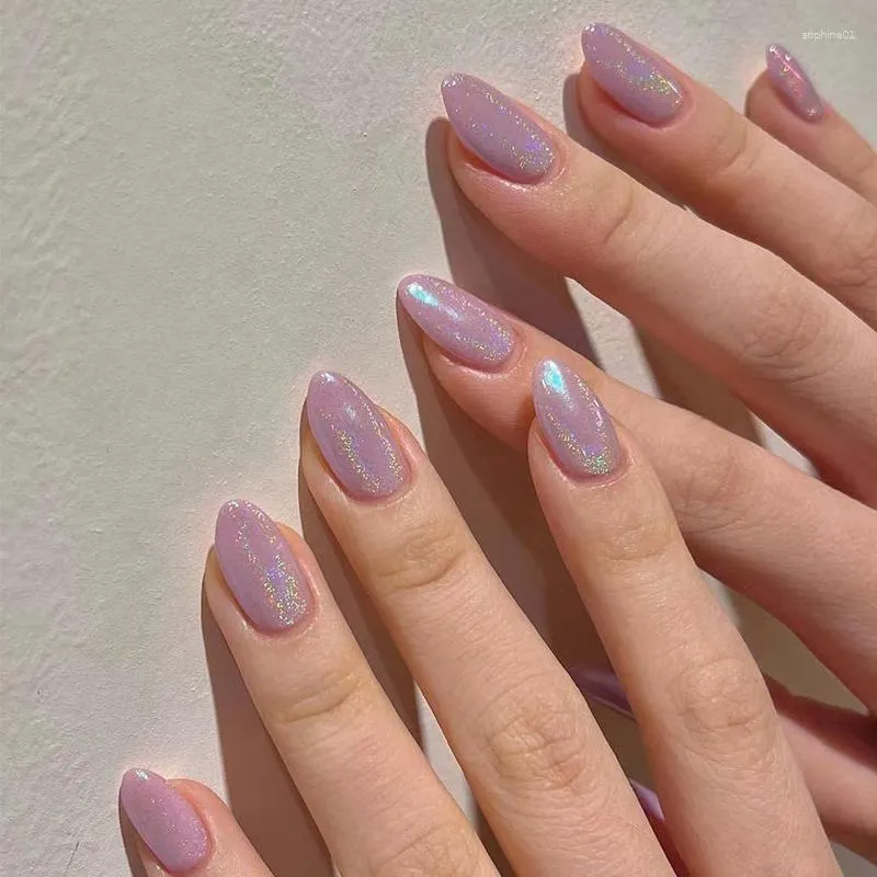 Künstliche Nägel, 24 Stück, lila Aurora-Mandel-Glitzer mit französischem Design, tragbare gefälschte künstliche Nagelspitzen zum Aufdrücken, vollständige Abdeckung