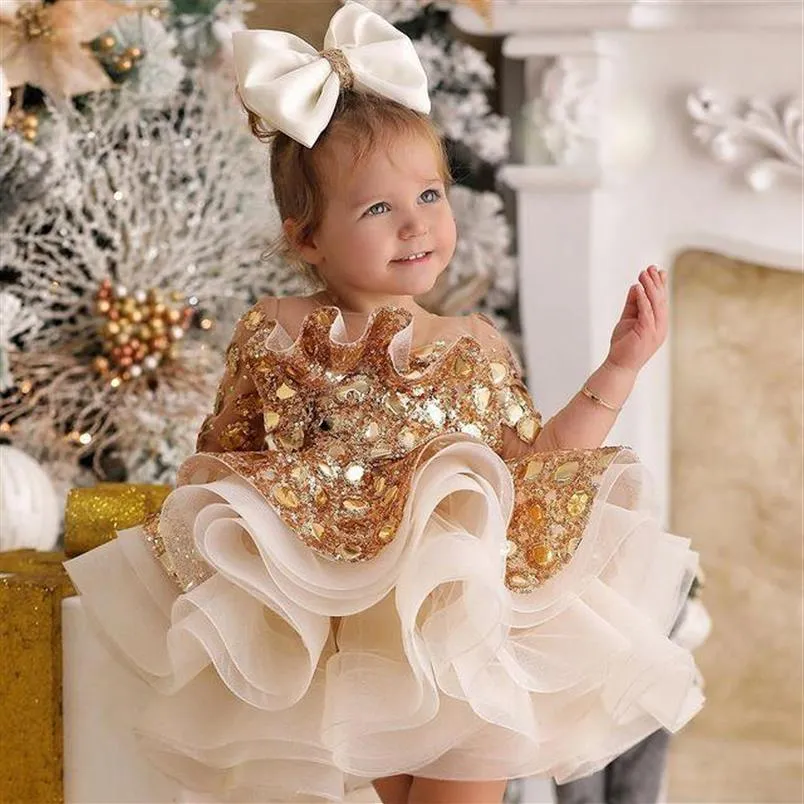 2021 Or Paillettes Scintillantes Robes De Fille De Fleur Robe De Bal Sheer Cou Tulle Manches Longues Lilttle Enfants Anniversaire Pageant Robe De Mariage306Q