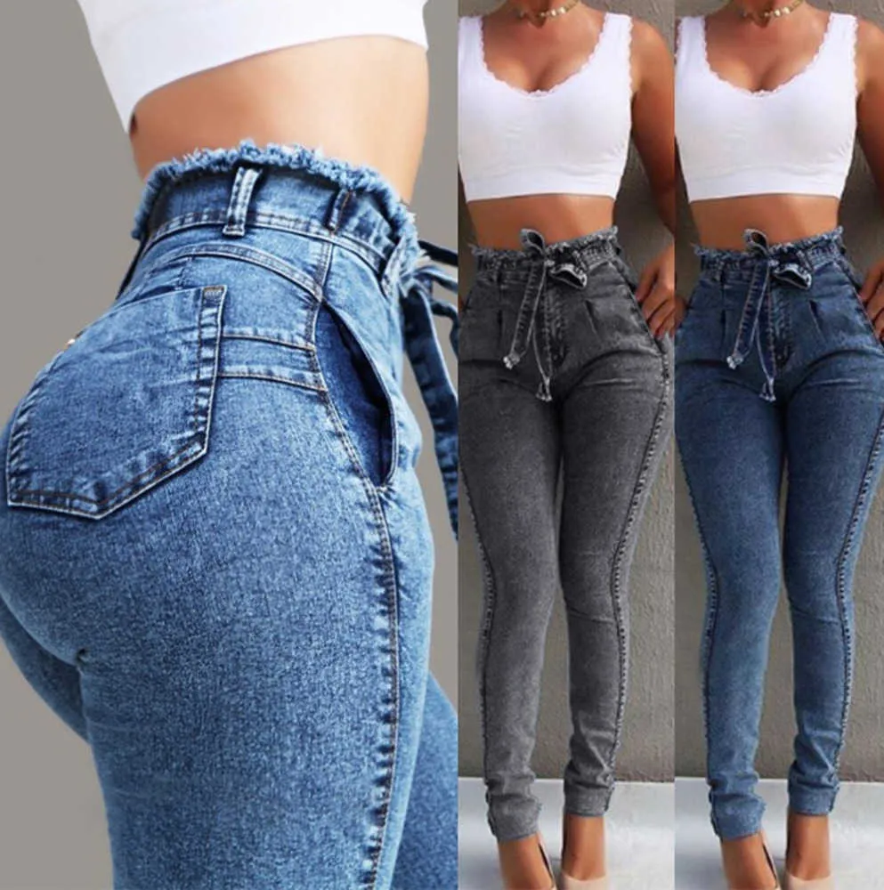 E-BAIHUI 2021 Jeans Slim da donna Cintura con nappe elasticizzate Pantaloni a vita alta per donna Lunga estate femminile L113