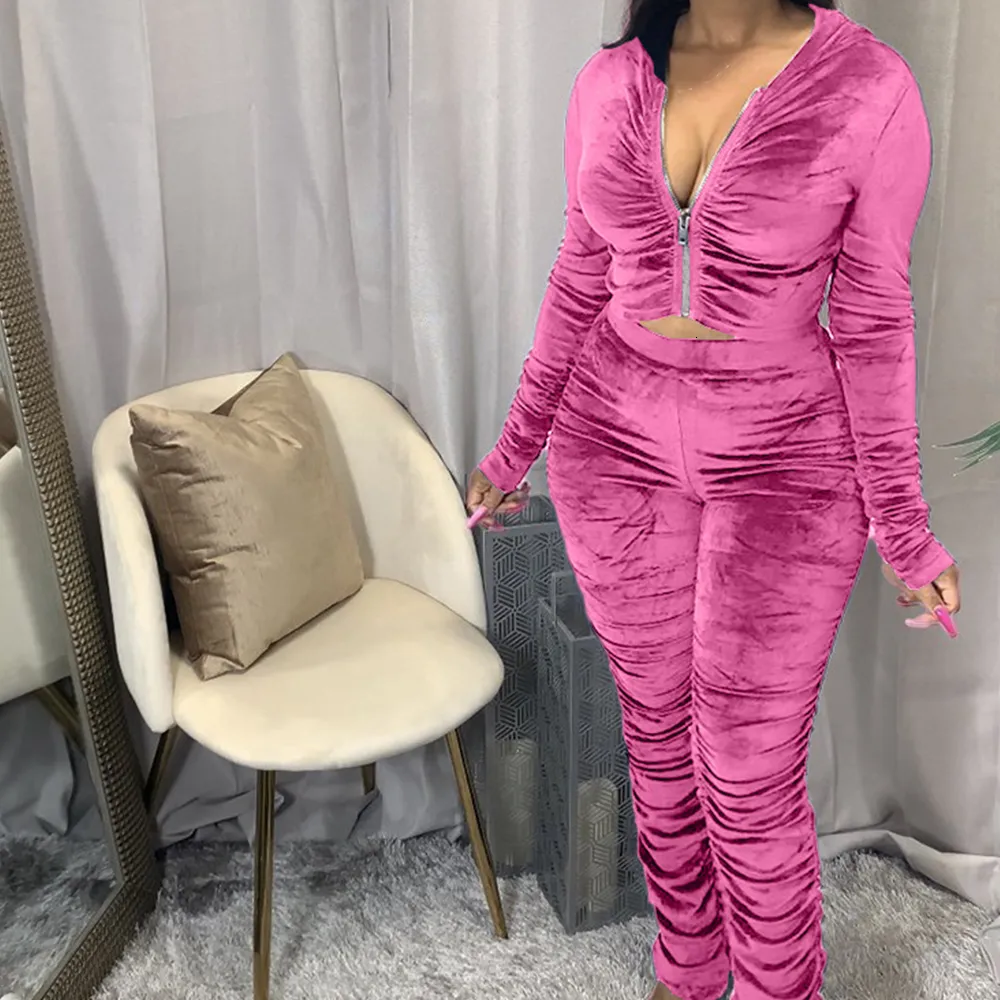 Women's Two Piece Pants Autumn Winter Velvet Tracksuit Two Piece Set for Women Matching Sets Ruched Hoodies Jacket Stacked Pants Joggers Sweat Suits 230719