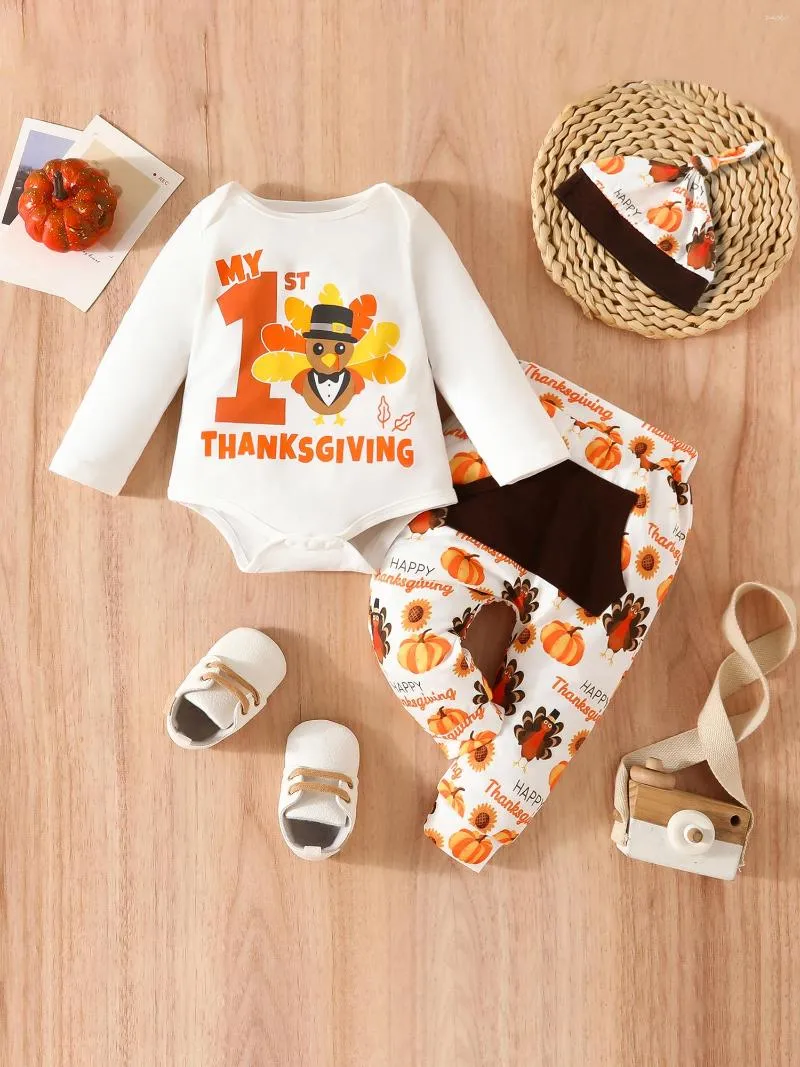 Ensembles de vêtements bébé garçon tenue de Thanksgiving 3 pièces ensemble adorable dinde imprimé barboteuse pantalon taille haute et chapeau mignon pour les célébrations d'automne