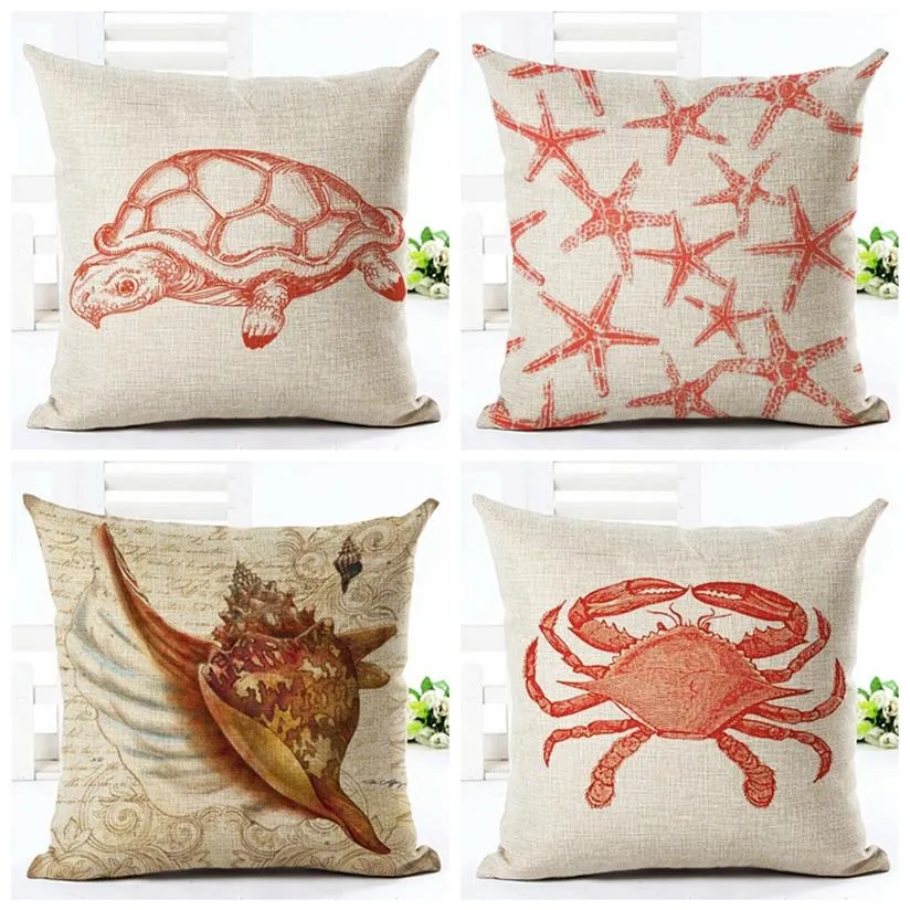 Style marin housse de coussin tortue crabe motif océan plage coton lin taie d'oreiller taille jeter taie d'oreiller 45x45cm235k