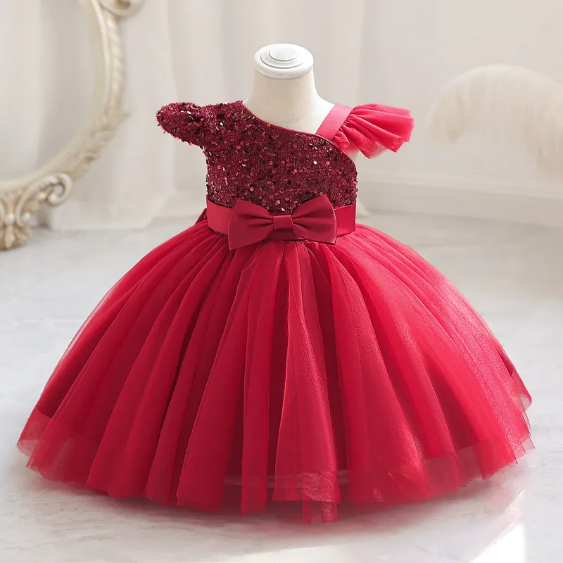 Doveark Girl Dress Little Child Sequin Evening Dress Liten Flying Sleeve Mesh Gazy Shaggy kjol Kort stil Prinsessan kjol M132