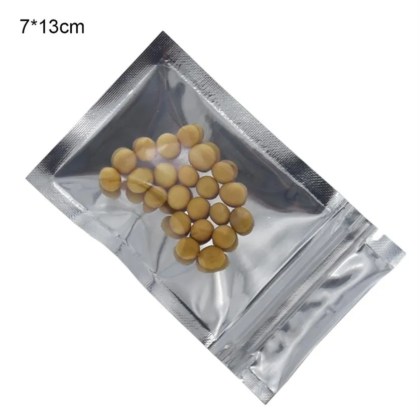 200pcs lot 7 13cm Front Clear Silver Zip Lock Plastic Mylar Food Grocery Packing Bag Resealable Top Zipper Aluminum Foil Poly Bags271S