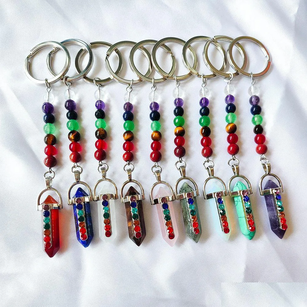 Keychains Lanyards Natural Stone 7 Chakra Beads Hexagon Prism Key Rings Chains Healing Crystal Keyrings For Women Men Bk D Dhgarden Dhdxz