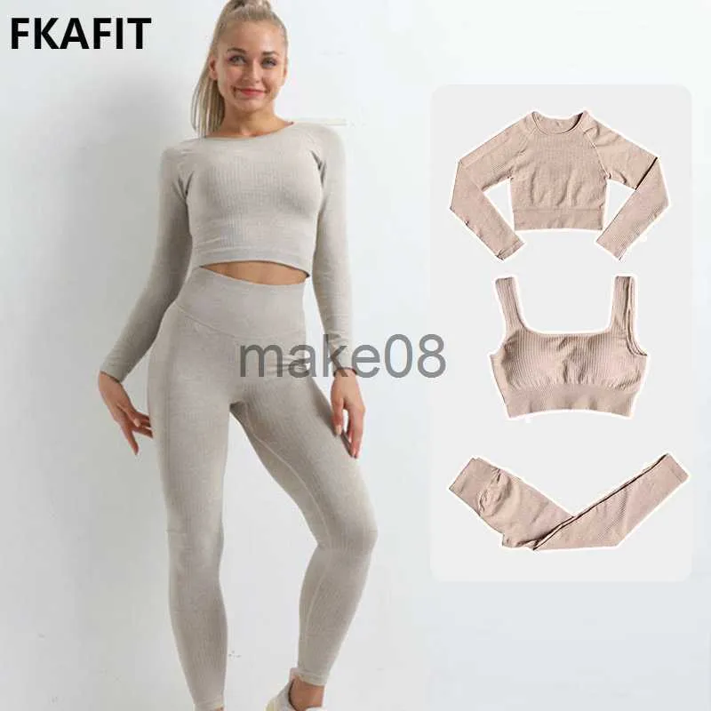 Survêtements pour femmes Femmes Seamless Fitness Yoga Suit Knitt Workout À Manches Longues Crop Top Soutien-Gorge De Sport Taille Haute Running Leggings Gym Vêtements 23 Pcs J230720