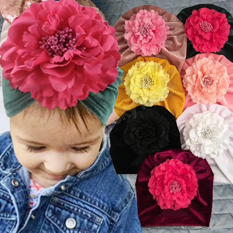 Belle automne et hiver chaud bébé chapeaux couleur unie fleur artificielle nouveau-né indien casquettes princesse Turban Photo accessoires