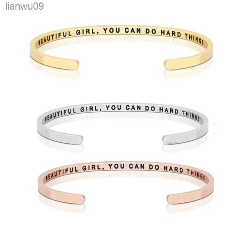 4mm Woman Bracelet Inspirational Engraved Cuff Bangles "Beautiful GirlYou Can Do Hard Things"Stainless Steel Daily Friend Gift L230704