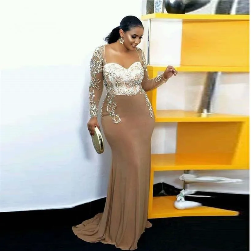Elegant African Sheer Long Sleeves Satin Mermaid Evening Dresses Scoop Neck Beaded Crystals Plus Size Prom Mother Gowns Robe De So236R