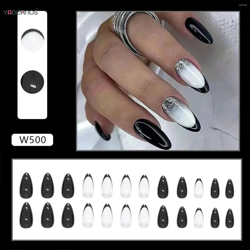 Almond False Nails French White with Diamond Press on Nails for Nail Art  24pcs