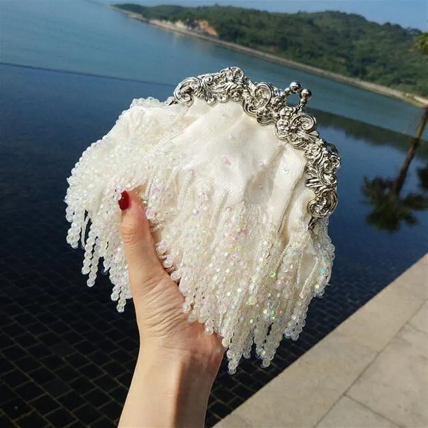 2019 Vintage Fringe Sacs Mini Perles Sac À Main Sacs À Main De Mariée Soirée À La Main Perles Brillant Embrayage Haute Qualité Purse2428